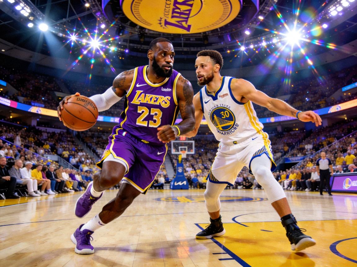 NBA季后赛西部半决赛湖人队与勇士队激烈交锋，勒布朗·詹姆斯与斯蒂芬·库里的巨星对决引爆球馆