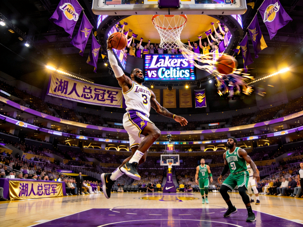 NBA洛杉矶湖人主场迎战波士顿凯尔特人，紫金军团与绿军的经典对决，勒布朗·詹姆斯上篮瞬间